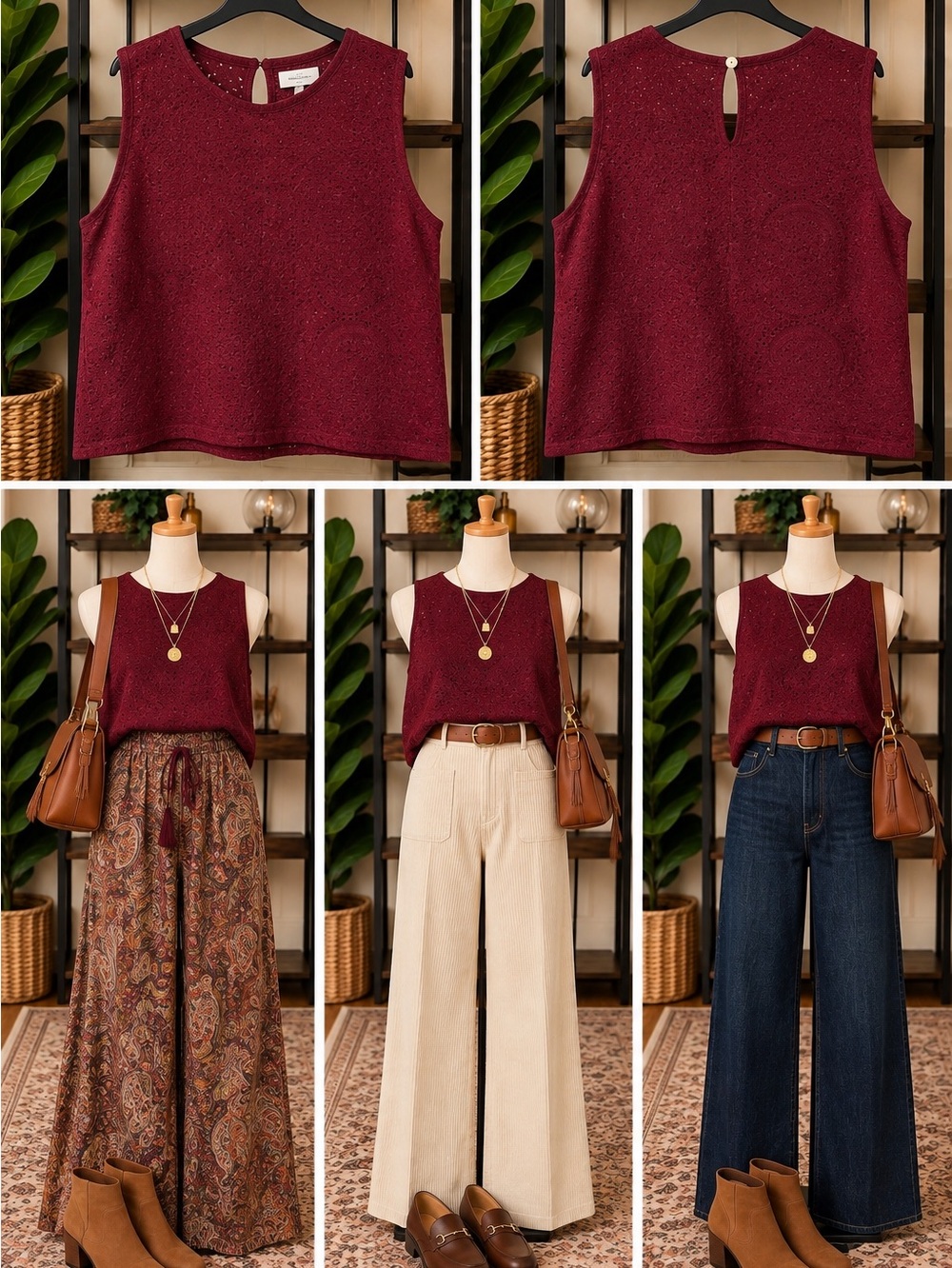 Medallion Knit - Burgundy Sleeveless Sweater Top XL